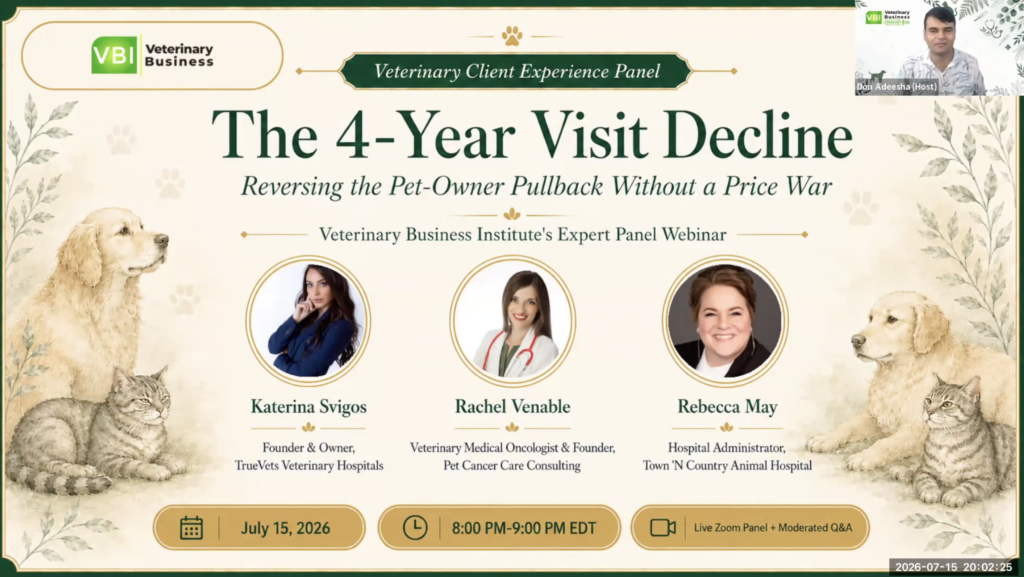 Banner for a Veterinary Business Institute webinar titled 'The 4-Year Visit Decline' with host Don Adeesha and three panelists. July 15, 2026. Includes dogs and cats decorative border.