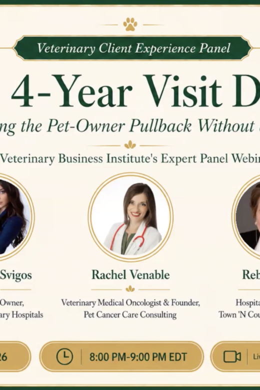 Banner for a Veterinary Business Institute webinar titled 'The 4-Year Visit Decline' with host Don Adeesha and three panelists. July 15, 2026. Includes dogs and cats decorative border.